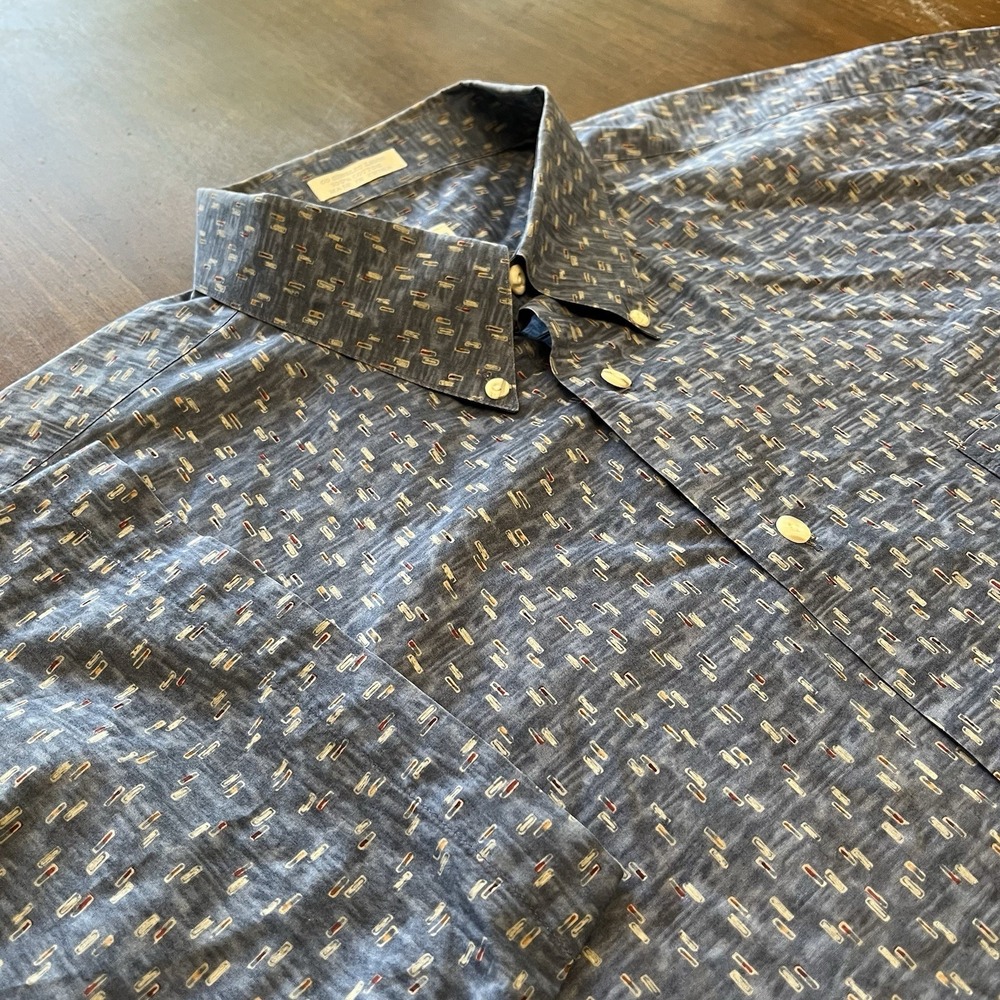 Burma Bibas Shirt Mens 2XL Blue Silk Retro Geometric Short Sleeve Button-Up